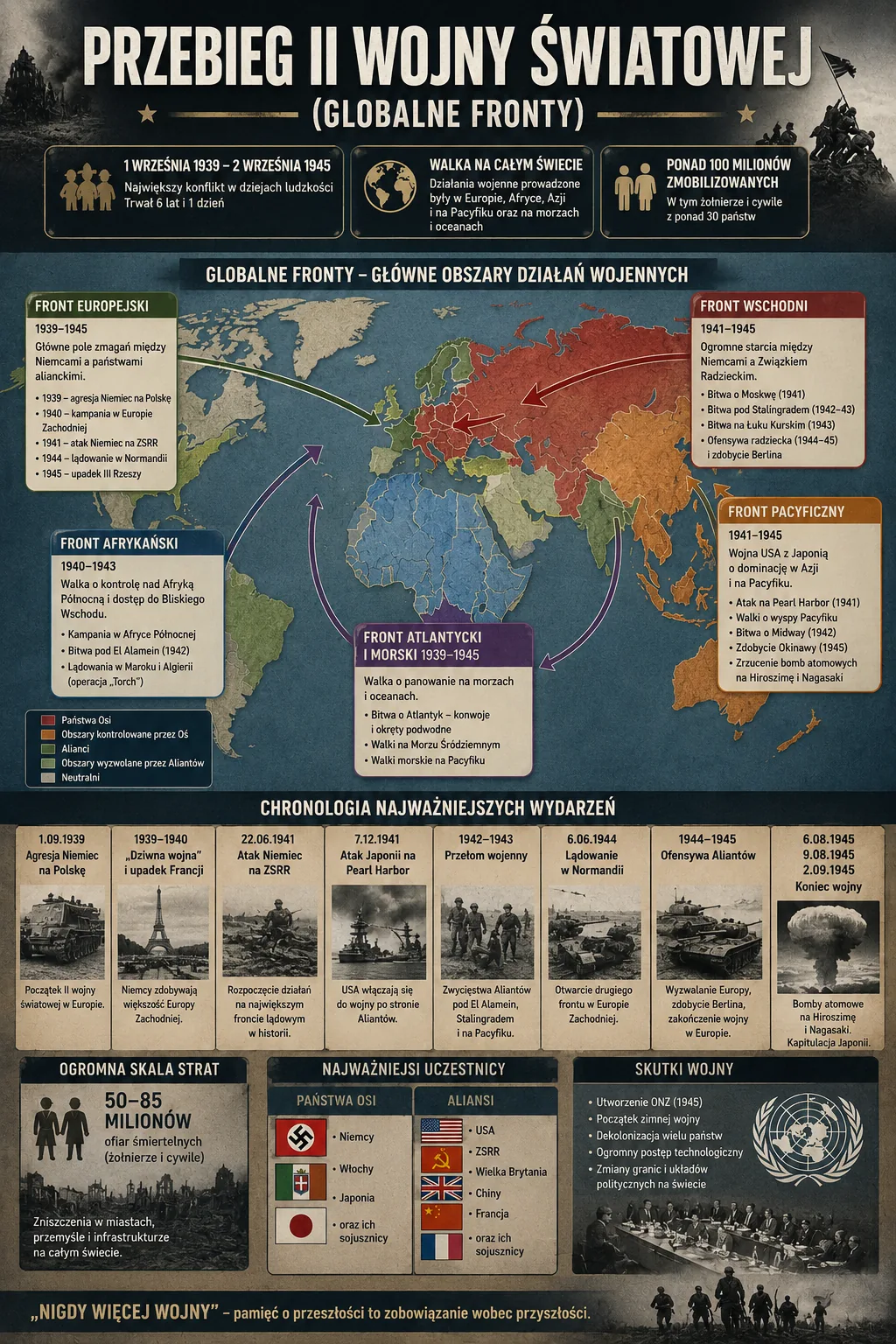 Infografika: Przebieg II wojny światowej 1939-1945 - główne fronty, punkty zwrotne, kluczowe bitwy i zakończenie wojny