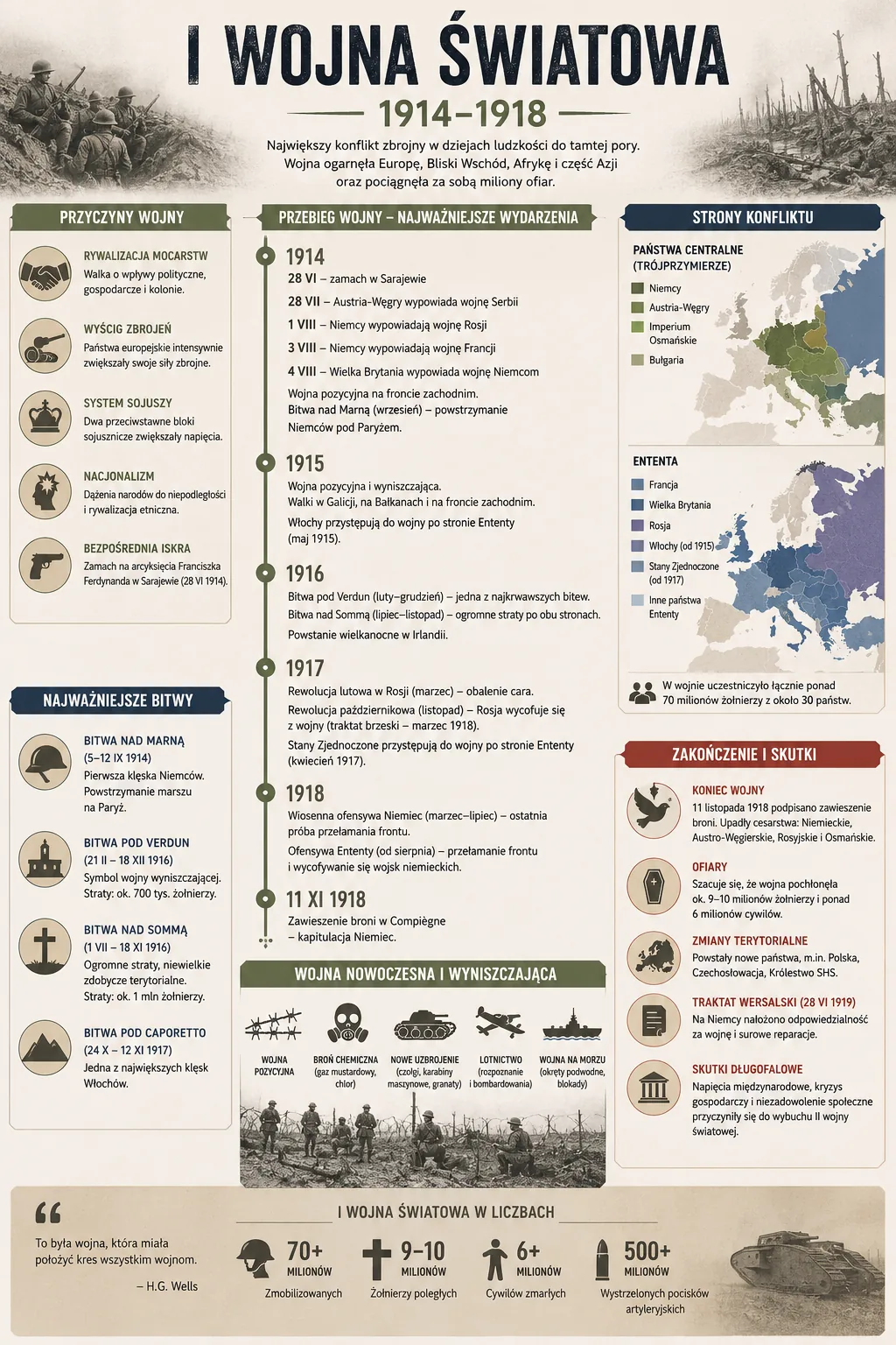 Infografika: I wojna światowa 1914-1918 - przyczyny, przebieg, strony konfliktu, bitwy, nowa technika i skutki