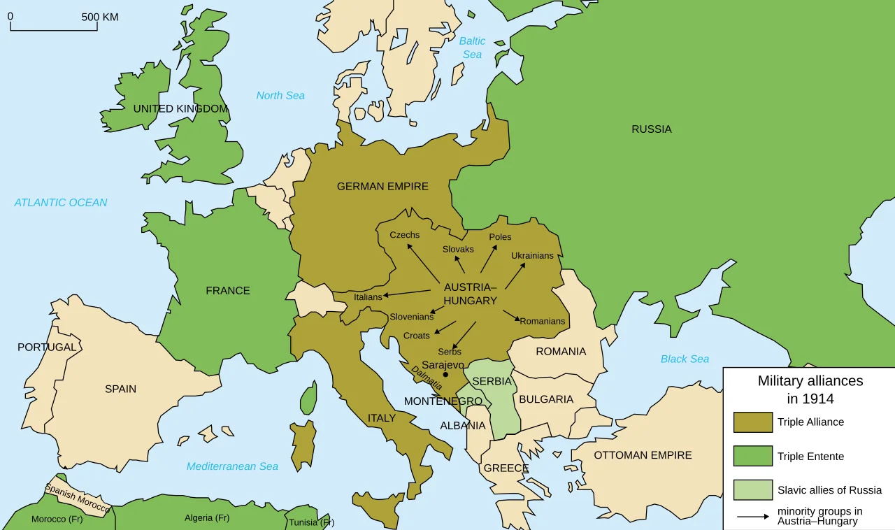 Mapa bloków sojuszniczych w Europie w 1914 roku: Trójporozumienie (Ententa) i państwa centralne oraz państwa neutralne