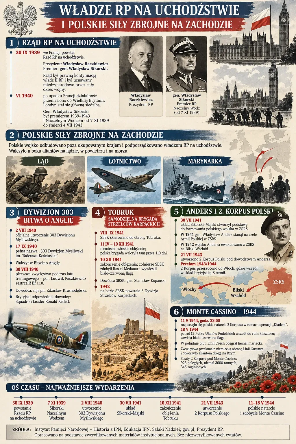 Infografika: Władze RP na uchodźstwie i Polskie Siły Zbrojne na Zachodzie. 1. Rząd RP na uchodźstwie: 30 IX 1939 we Francji, prezydent Władysław Raczkiewicz, premier gen. Władysław Sikorski (Naczelny Wódz od 7 XI 1939); od VI 1940 siedziba w Londynie. 2. Polskie Siły Zbrojne na Zachodzie: ląd, lotnictwo, marynarka. 3. Dywizjon 303 w bitwie o Anglię: utworzony 2 VIII 1940, dowódca mjr Zdzisław Krasnodębski, 30 VIII 1940 por. Ludwik Paszkiewicz zestrzelił Bf 110. 4. Tobruk: Samodzielna Brygada Strzelców Karpackich gen. Stanisława Kopańskiego, oblężenie 11 IV - 10 XII 1941, zdobycie Ras el-Medauar. 5. Anders i 2 Korpus Polski: układ Sikorski-Majski 30 VII 1941, ewakuacja z ZSRS w 1942, utworzenie 2 Korpusu 21 VII 1943, przerzut do Włoch. 6. Monte Cassino 1944: natarcie 11-12 V, 18 V patrol 12 Pułku Ułanów Podolskich w ruinach klasztoru, hejnał mariacki; straty: 923 poległych, niemal 3000 rannych, 345 zaginionych. Oś czasu 1939-1944.