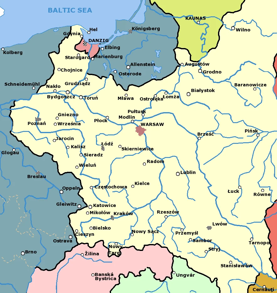 Mapa Polski 1939 z zaznaczonymi miejscami kluczowych bitew kampanii wrześniowej