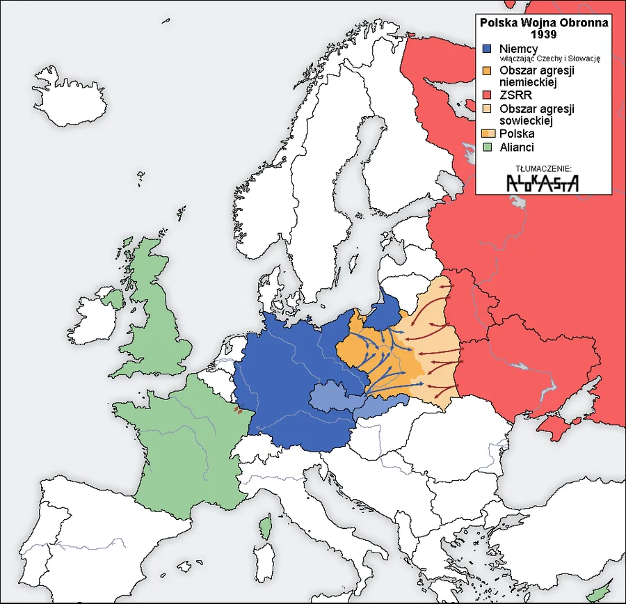 Mapa wojny obronnej Polski 1939: III Rzesza i obszar agresji niemieckiej, ZSRR i obszar agresji sowieckiej, Polska oraz alianci (Francja i Wielka Brytania) na tle Europy