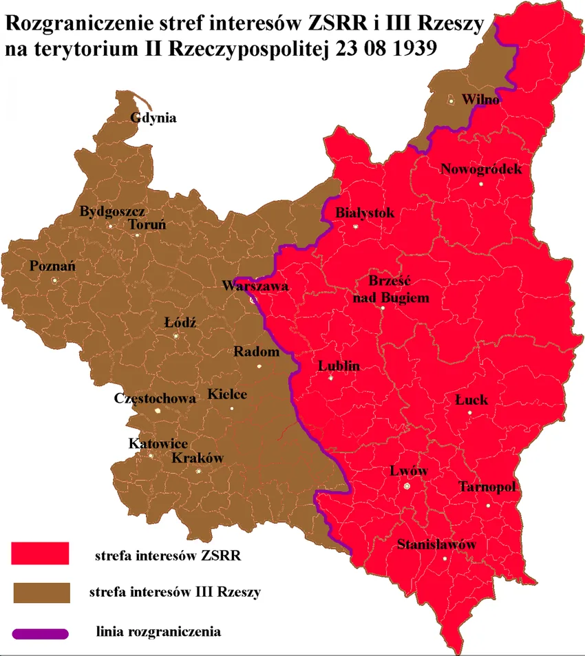 Mapa rozgraniczenia stref interesów ZSRR i III Rzeszy na terytorium II Rzeczypospolitej według paktu Ribbentrop-Mołotow z 23 sierpnia 1939 roku