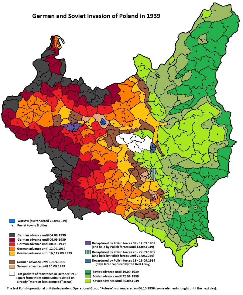 Mapa pokazująca postępy wojsk niemieckich i radzieckich podczas inwazji na Polskę we wrześniu 1939 - tereny zajmowane w kolejnych dniach kampanii oraz linia demarkacyjna