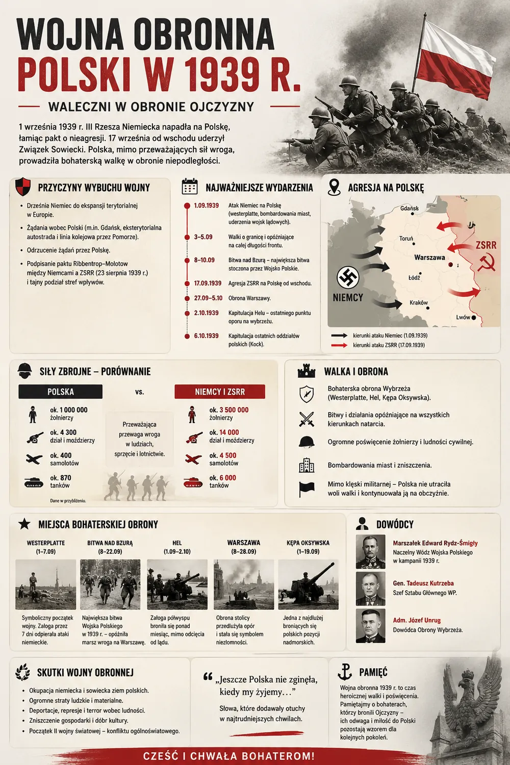 Infografika: Wojna obronna Polski w 1939 r. - przyczyny wybuchu wojny, najważniejsze wydarzenia, agresja na Polskę, porównanie sił zbrojnych, miejsca bohaterskiej obrony, dowódcy i skutki wojny