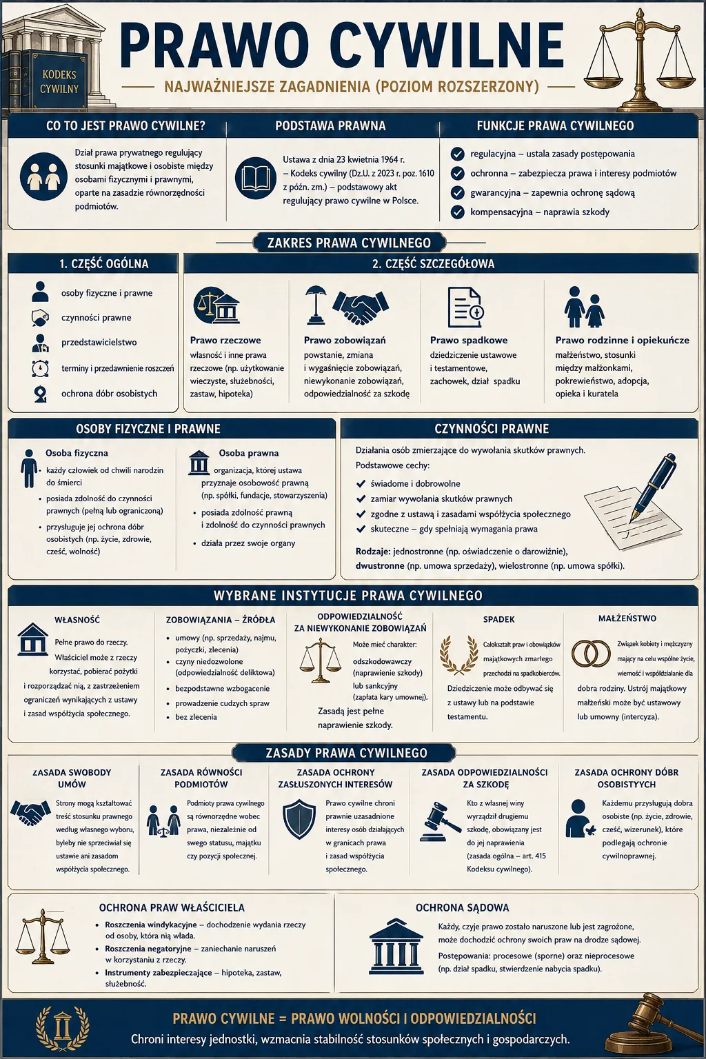 Infografika: Prawo cywilne - źródła, zasady, działy, podmioty, zdolność prawna, umowy i dziedziczenie
